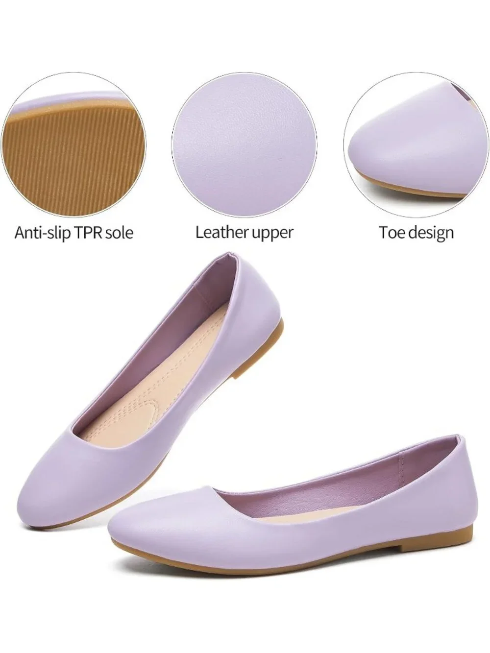 Women Light Purple PU Leather Close Toe Comfortable Flexible Slip On Ballet Flat